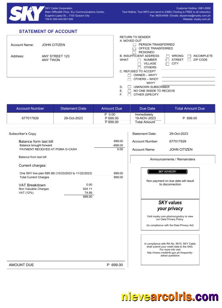 Philippines Sky Cable Corporation utility bill